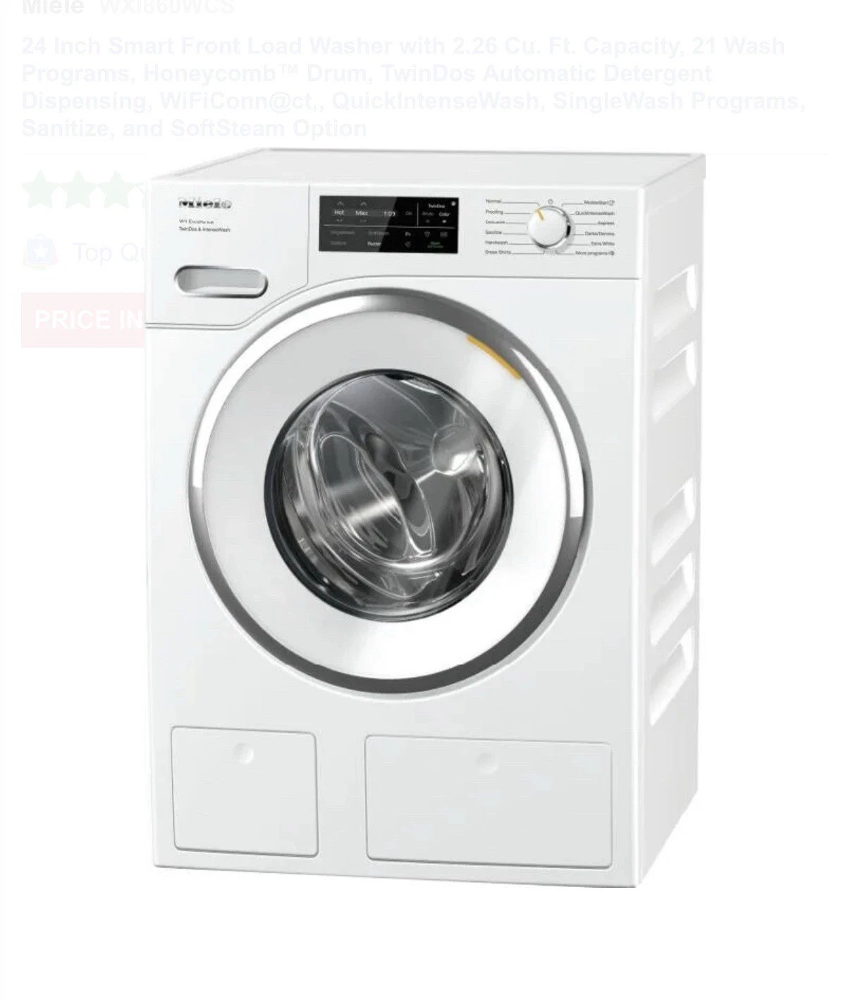 Miele WXI860WCS 24” Compact Washer 21 Programs Twi